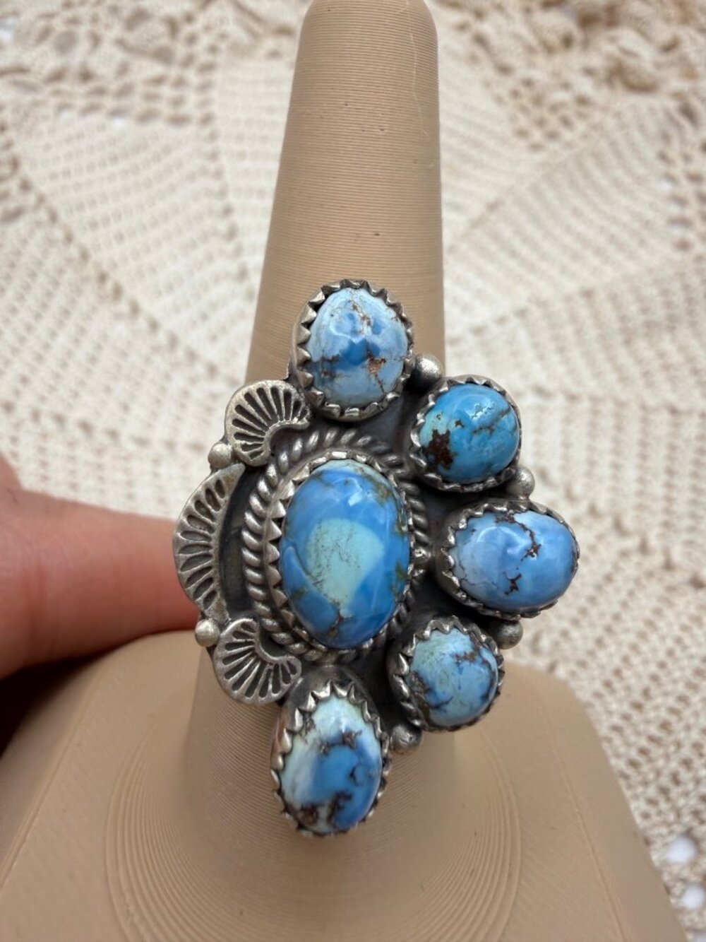 Artisan Golden Hill Turquoise Sterling Silver Statement Cluster Ring Adj Boho 10